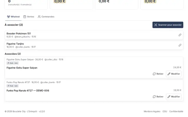Live Whatnot en cours dans l’Entrepôt : ventes associées toutes seules, badge « Auto », et une vente à associer